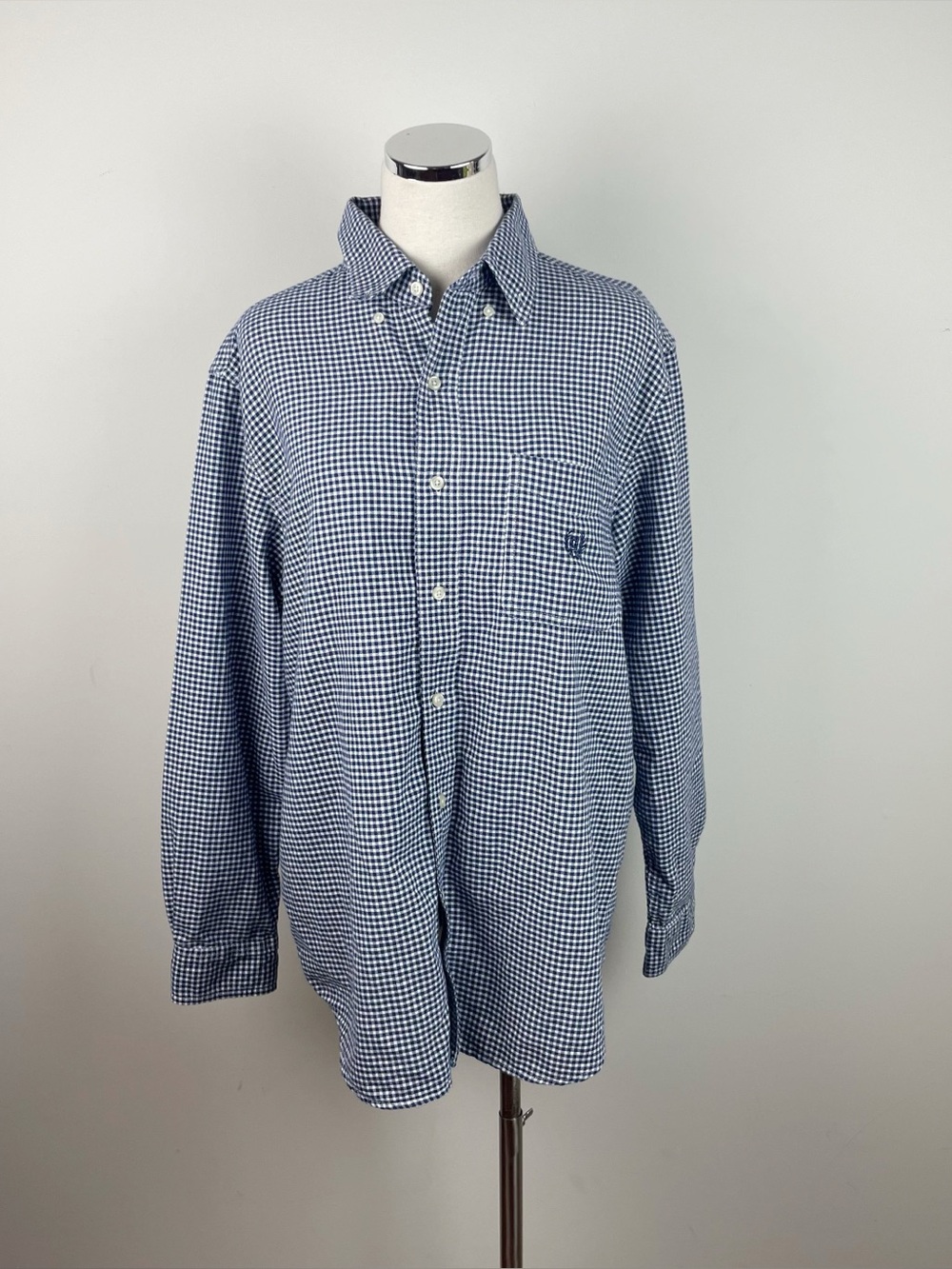 Chaps Navy Blue White Gingham Check Collared Button Down Shirt Long Sleeve Men